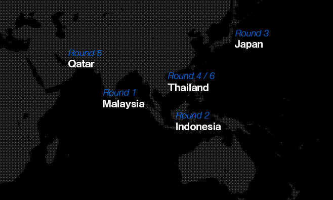 Round 6 Qatar Round 1 Malaysia Round 2 Indonesia Round 5 Thailand Round 4 Japan Round 3 Japan